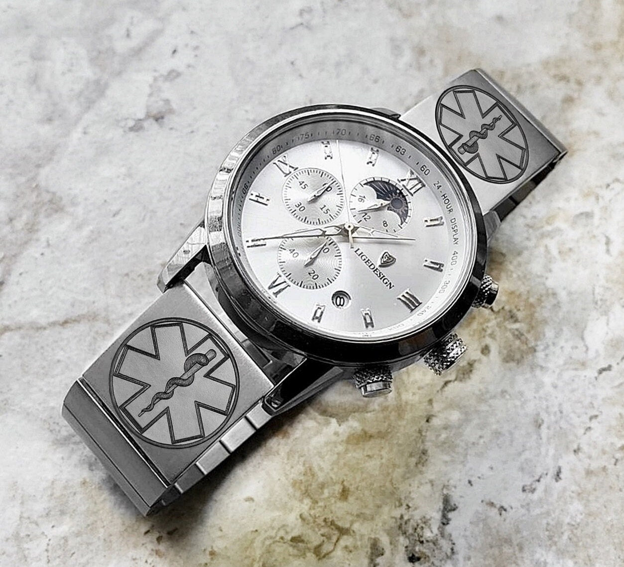 Engraved Watch Band for 22mm 24mm 25mm Lugs Traditional Casual Luxury and Smartwatches Silver Color Stainless Steel Strap Bracelet MS2